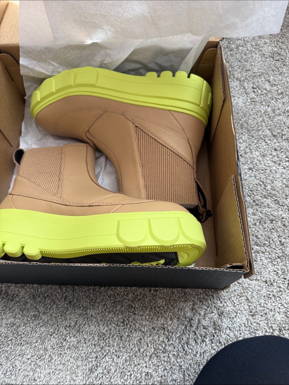 Sorel Tan Chelsea Boots with Neon Green Lug Soles - Picture 6 of 7